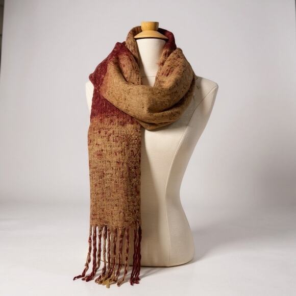 Boho Hippie Knit Striped Scarf Tan Red Soft Comfy Warm - Picture 2 of 11